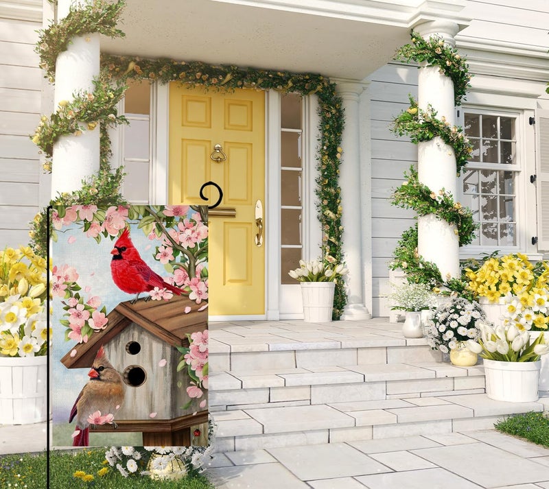 BLKWHT Spring Cardinal Bird Garden Flag 12x18 Vertical Double Sided Pink Flowers Tree Summer Farmhouse Holiday Outside Decorations Burlap Yard Flag BW792 - Image 2